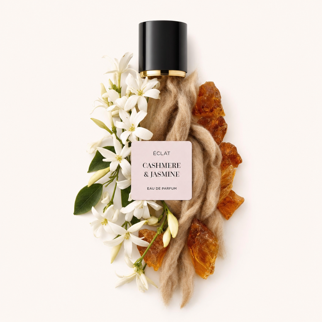 Kompozycja z kwiatów jaśminu, kamieni bursztynowych i włókien kaszmirowych otacza czarną nasadkę ze złotym akcentem, oznaczoną ÉCLAT Cashmere & Jasmine.