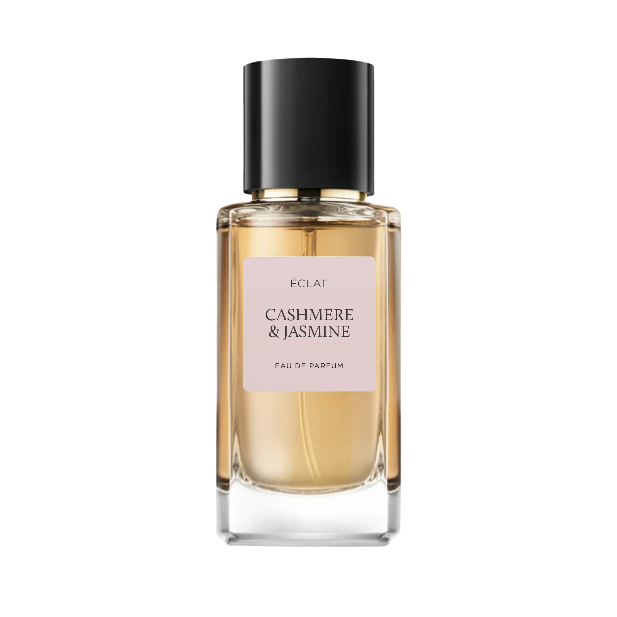 ÉCLAT Cashmere & Jasmine w fasetowanej szklanej butelce z matową czarną nakrętką i delikatną różową etykietą.