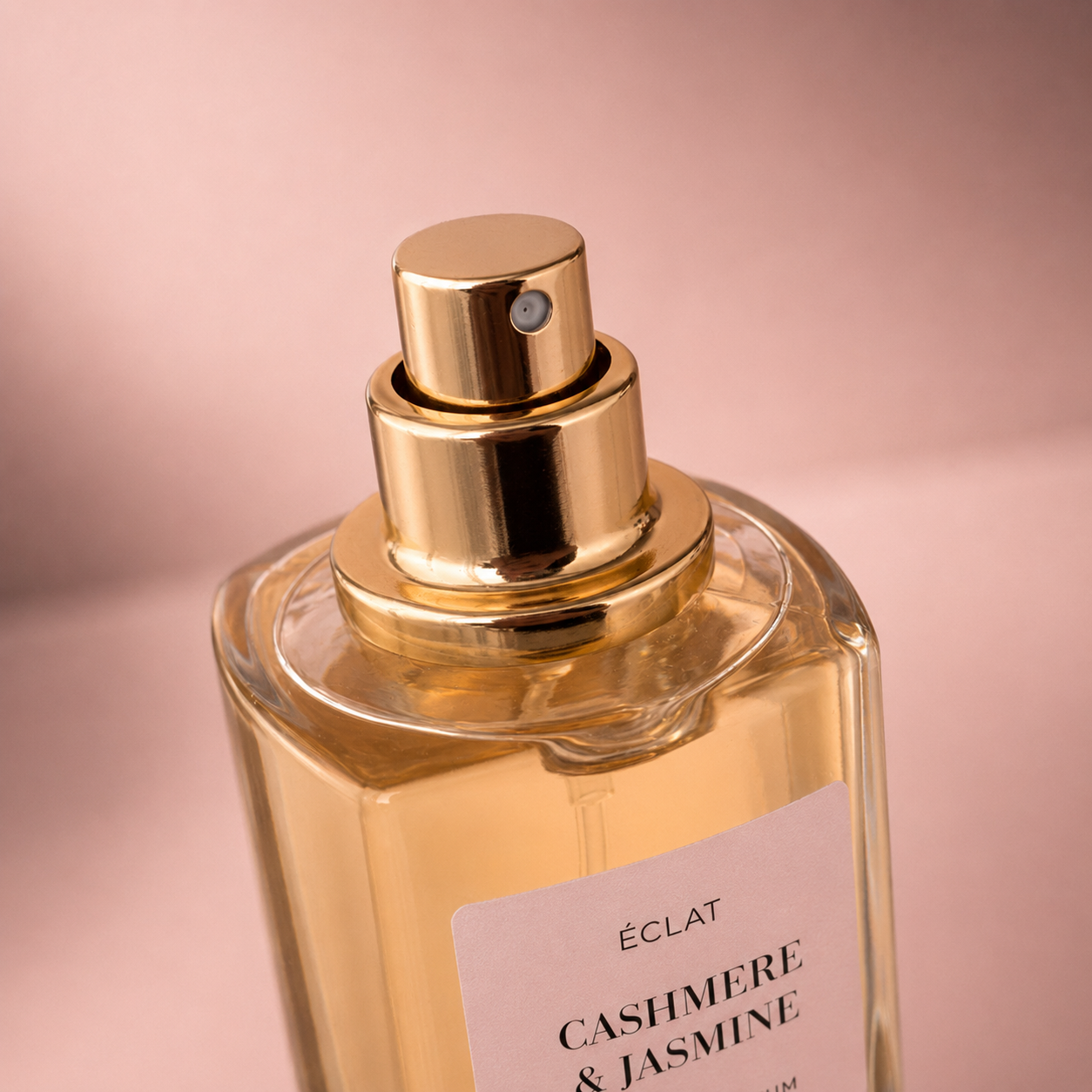 Flakon perfum ÉCLAT Cashmere & Jasmine z fasetowanym szklanym wzorem i złotą dyszą, na tle miękkiego różowego tła.