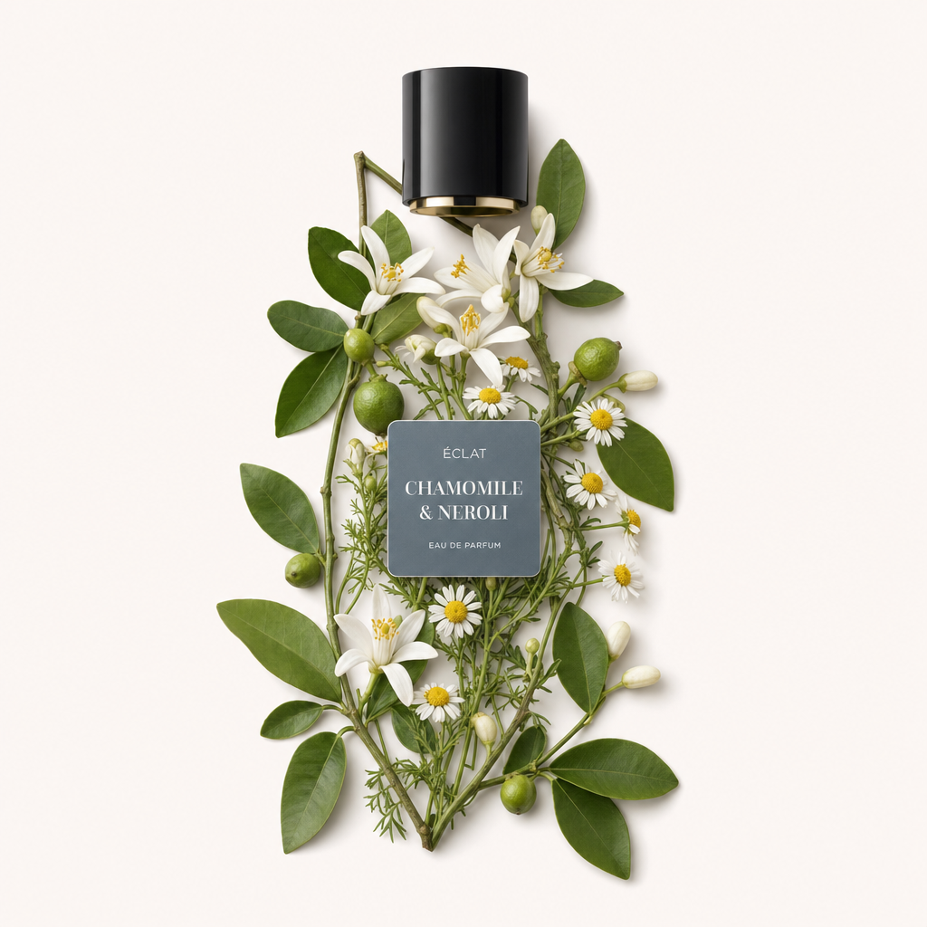 Aranżacja z kwiatów rumianku i gałązek neroli elegancko otaczająca czarną nakrętkę z etykietą ÉCLAT Chamomile & Neroli.