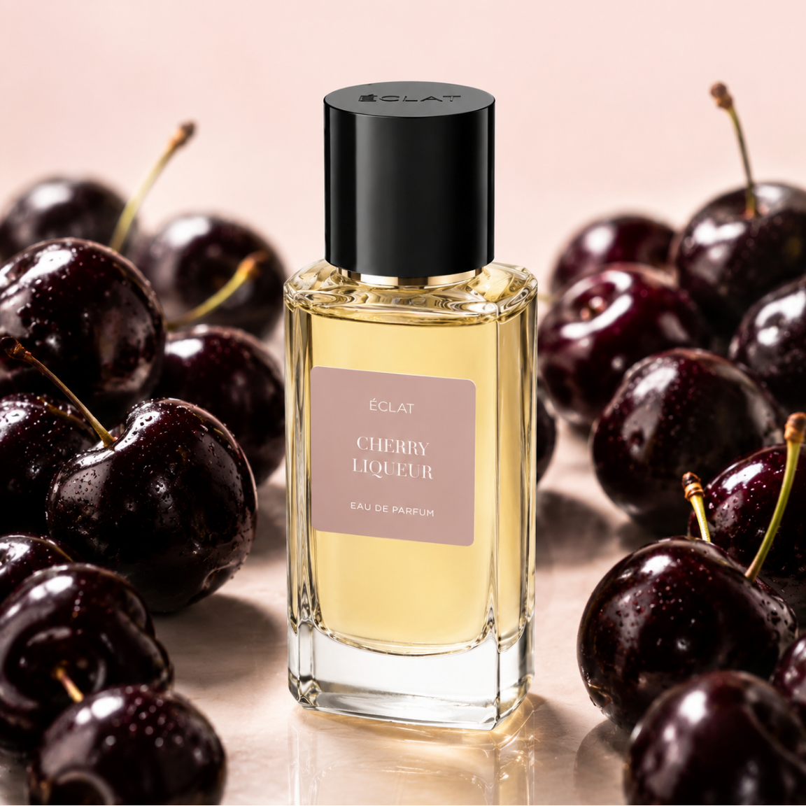 Fasetowana szklana butelka ÉCLAT Cherry Liqueur z czarną nakrętką, otoczona błyszczącymi ciemnymi wiśniami.