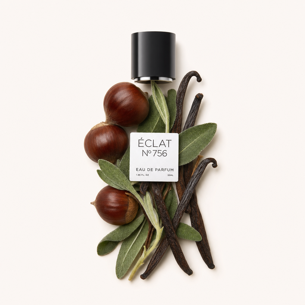 Kompozycja z kasztanów, strąków wanilii i liści szałwii z czarną zakrętką z napisem ÉCLAT, prezentująca esencję ÉCLAT Chestnut & Vanilla.