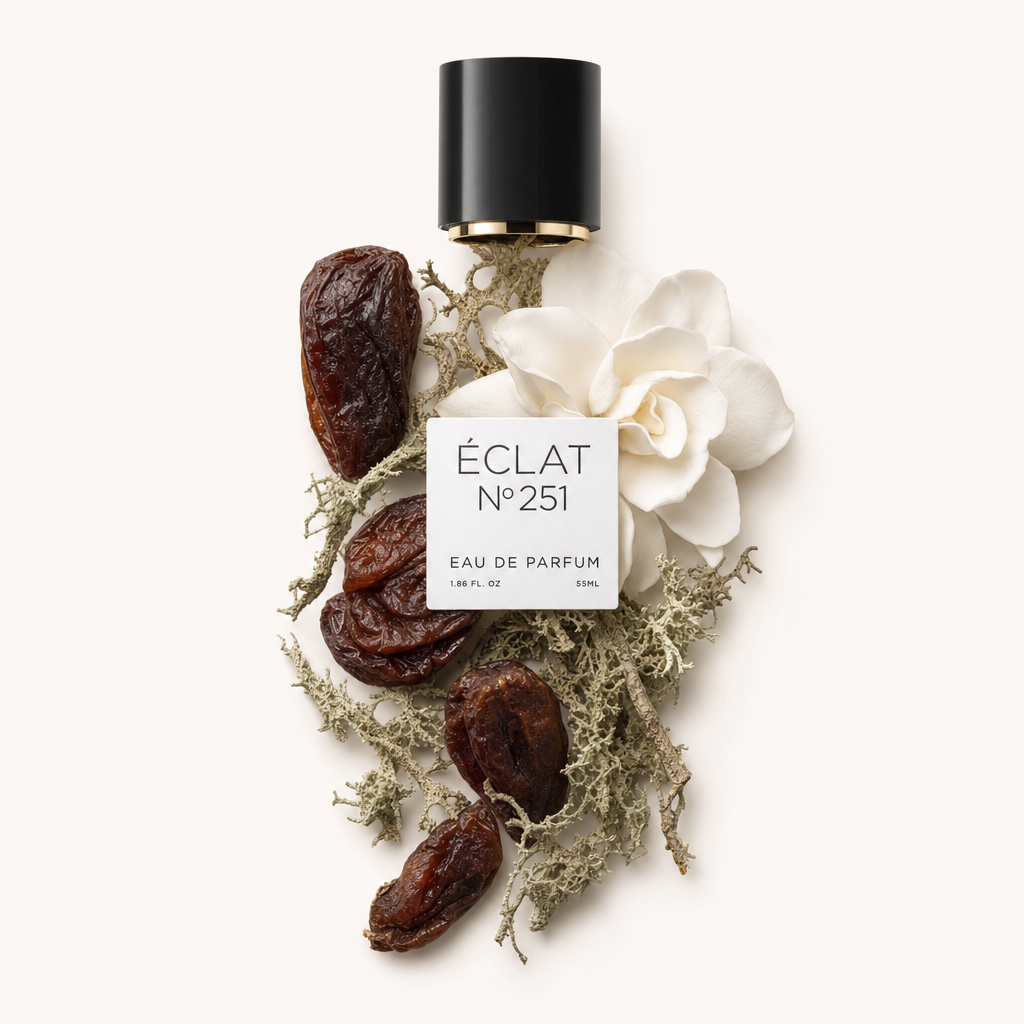 Elegancki układ suszonych owoców i mchu, otoczony białym kwiatem, otacza czarną nakrętkę z etykietą ÉCLAT Chypre Dried Fruits.