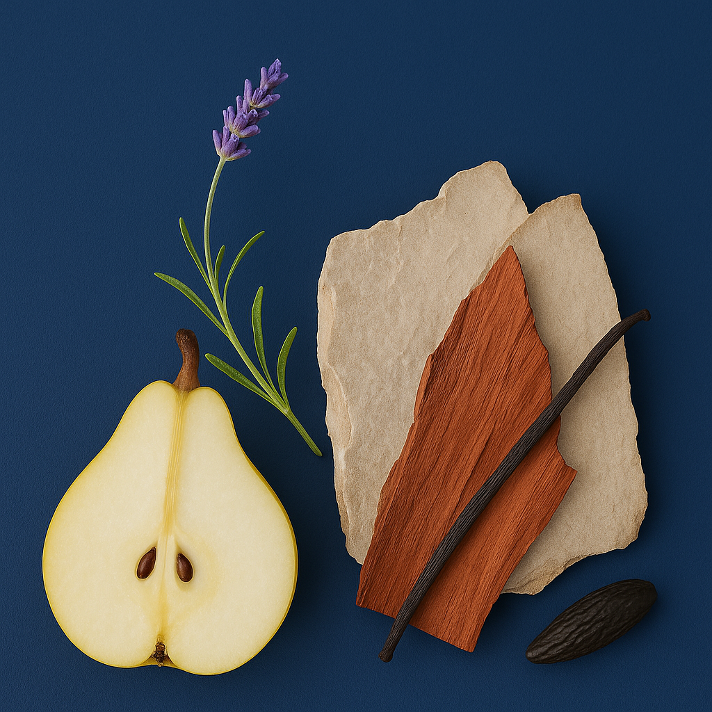 Kompozycja z połowy gruszki, gałązki lawendy, kawałków piaskowca i patyka cynamonu, przywołująca zapach ÉCLAT Cinnamon & Pear.