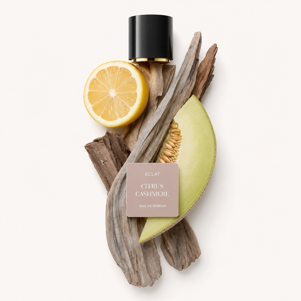 Aranżacja z plastrów cytrusów i kawałka melona na dryfującym drewnie, pokazująca nuty zapachowe ÉCLAT Citrus Cashmere pod czarną nasadką z etykietą.