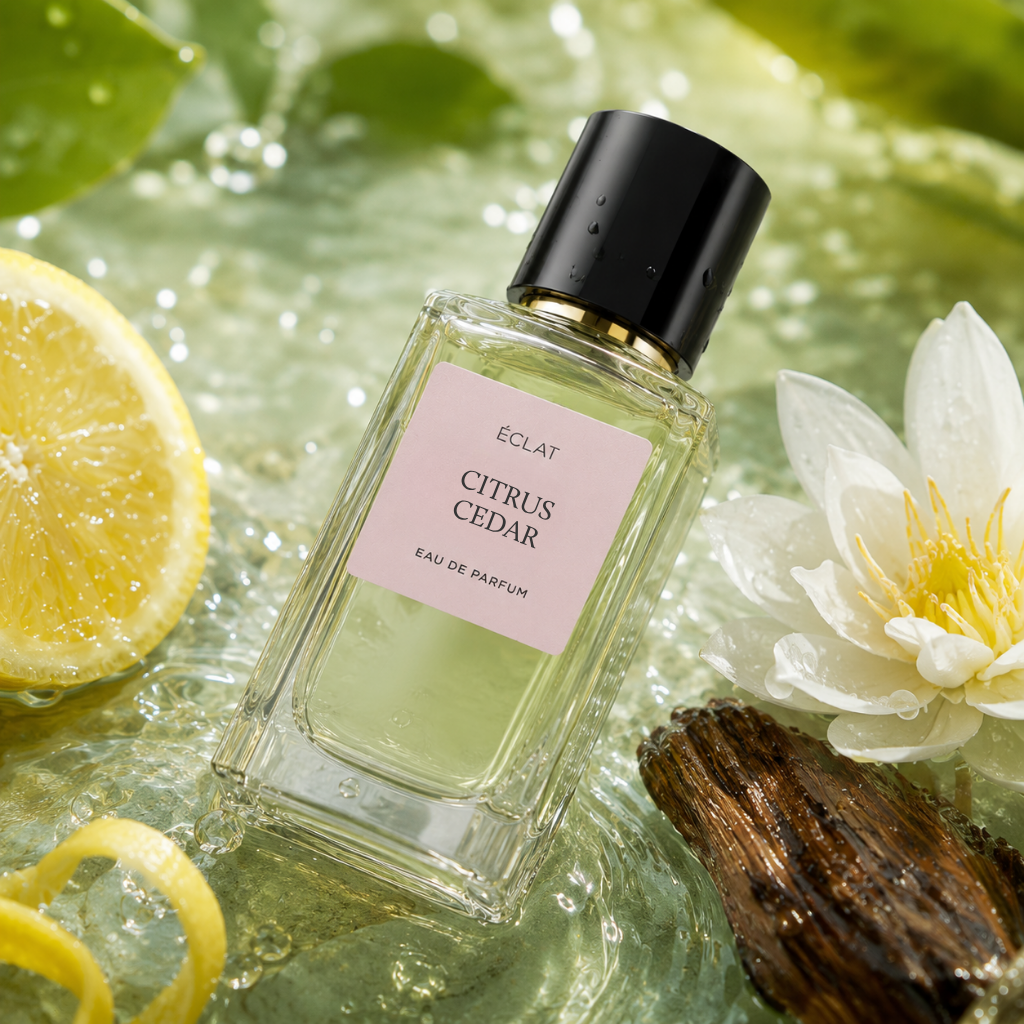Fasetowana szklana butelka ÉCLAT Citrus Cedar z czarną nakrętką, otoczona świeżymi cytrynami, białym kwiatem i drewnem na falującej wodzie.