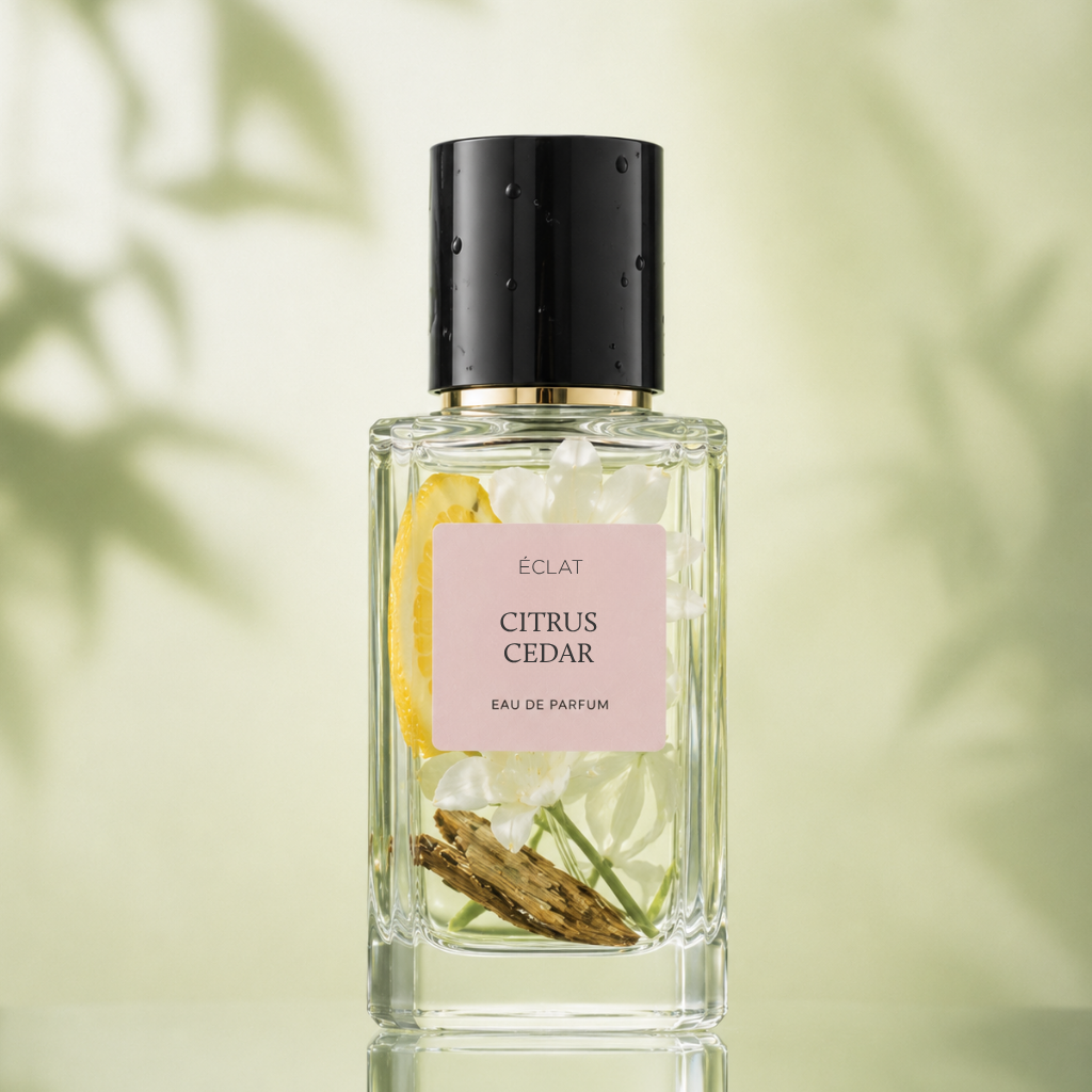 Fasetowany szklany flakon ÉCLAT Citrus Cedar z eleganckim czarnym korkiem i jasną etykietą, na tle miękkiej zieleni.