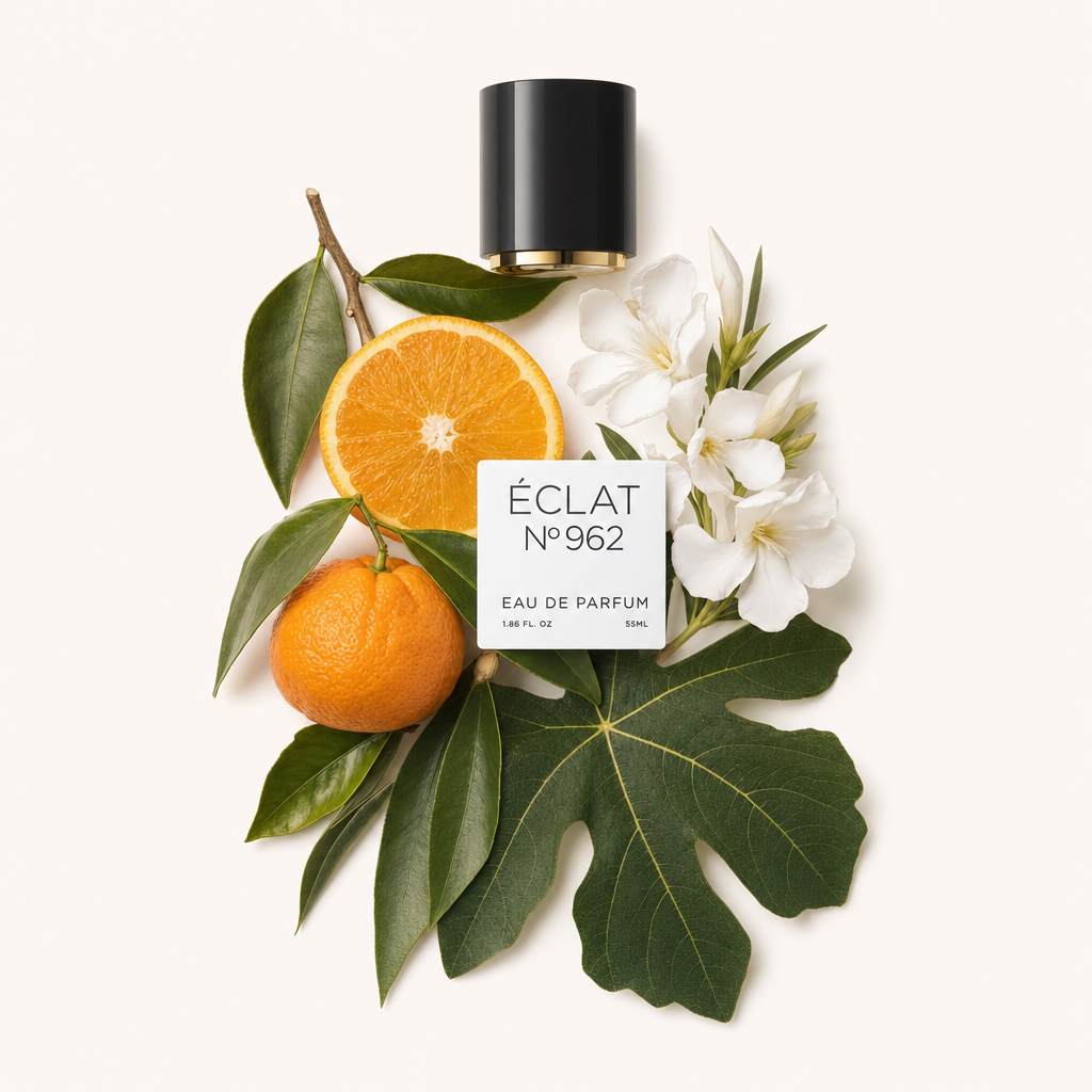 Kompozycja z plastrów pomarańczy, mandarynki, liści figi i białych kwiatów otacza czarną nakrętkę ÉCLAT Citrus Fig Leaf.