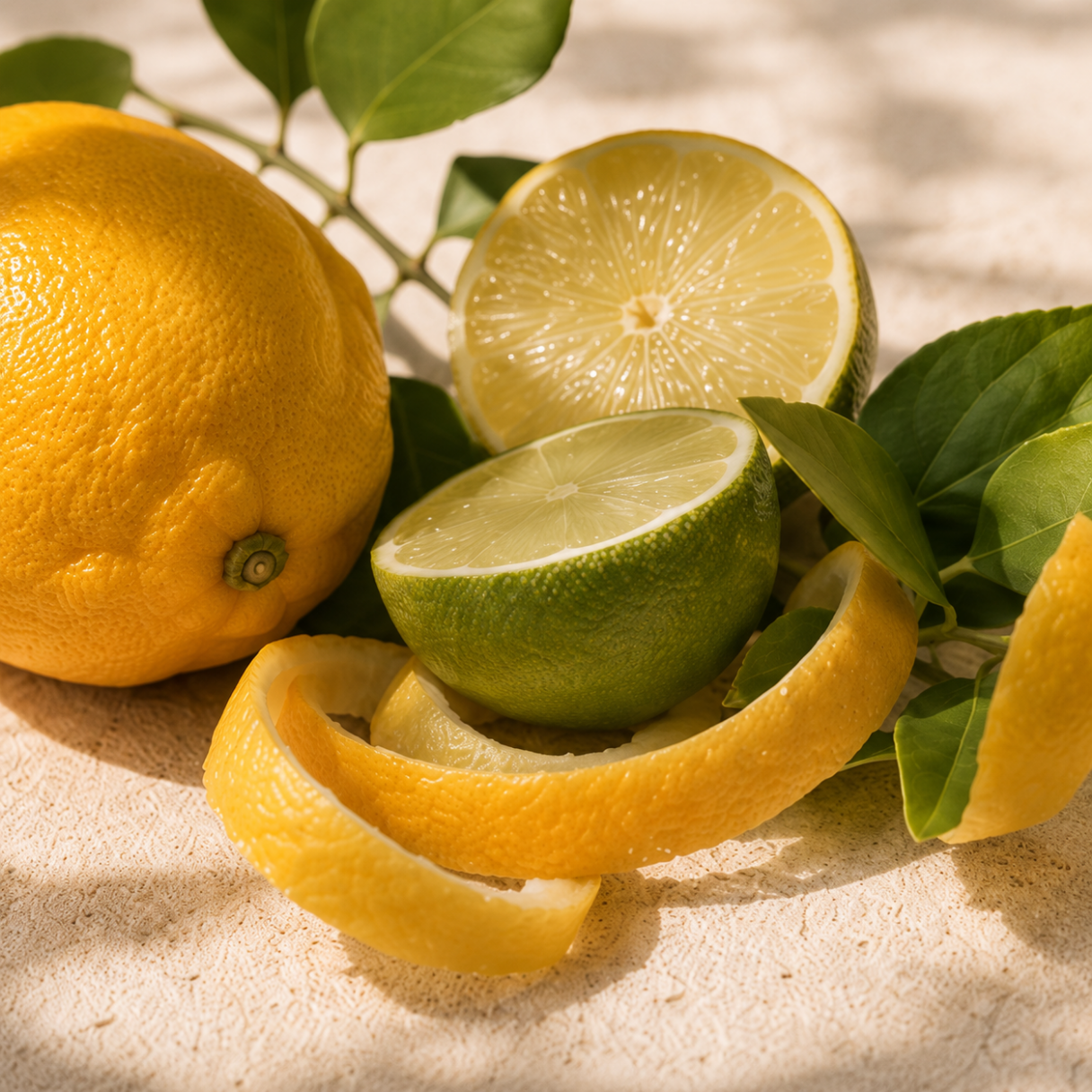 Kompozycja świeżych owoców cytrusowych z bujnymi zielonymi liśćmi na teksturowanej powierzchni, reprezentująca ÉCLAT Citrus Fruits & Olive Wood.