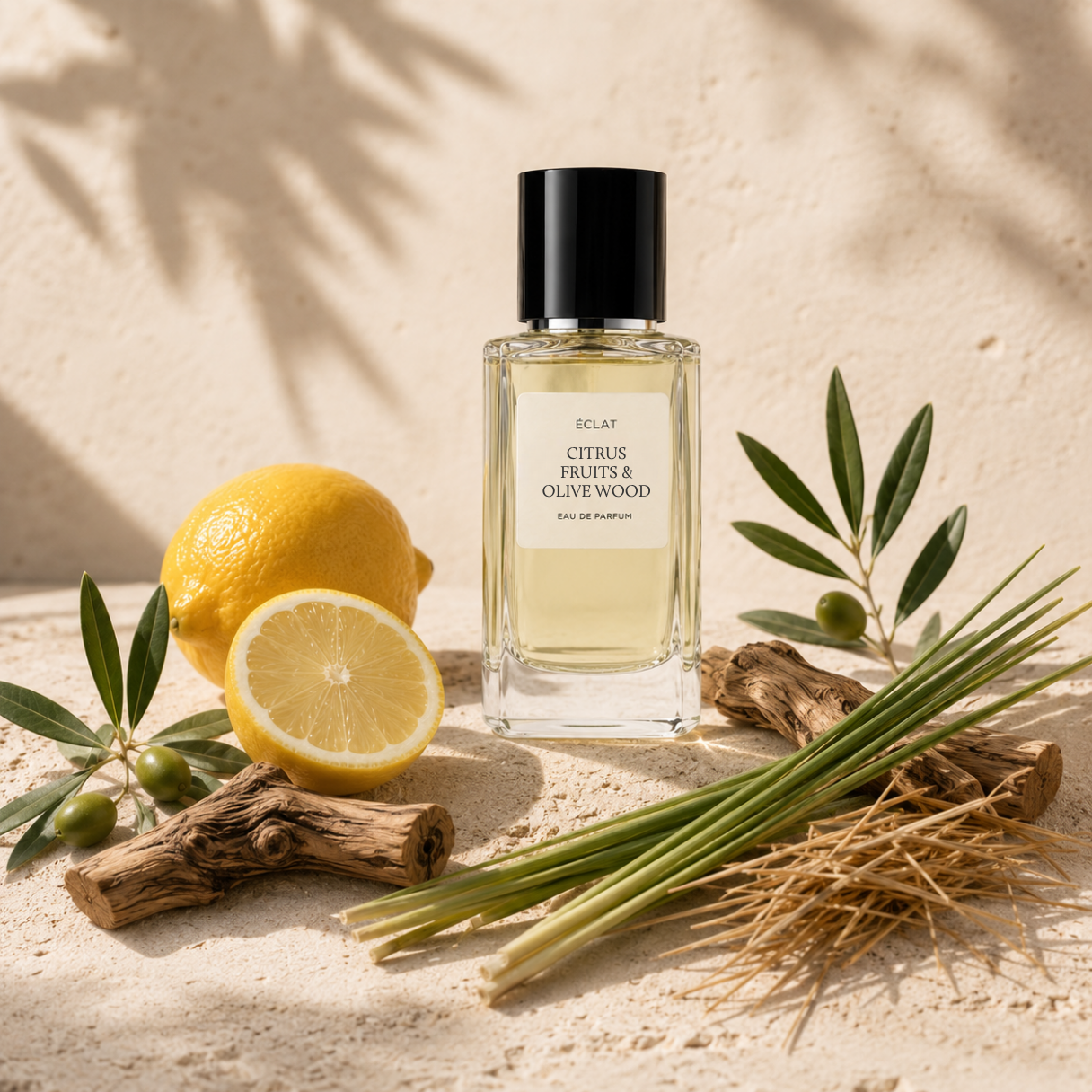 Facetowany szklany flakon perfum ÉCLAT Citrus Fruits & Olive Wood stoi wśród świeżych cytryn, gałązek oliwnych i trawy cytrynowej.