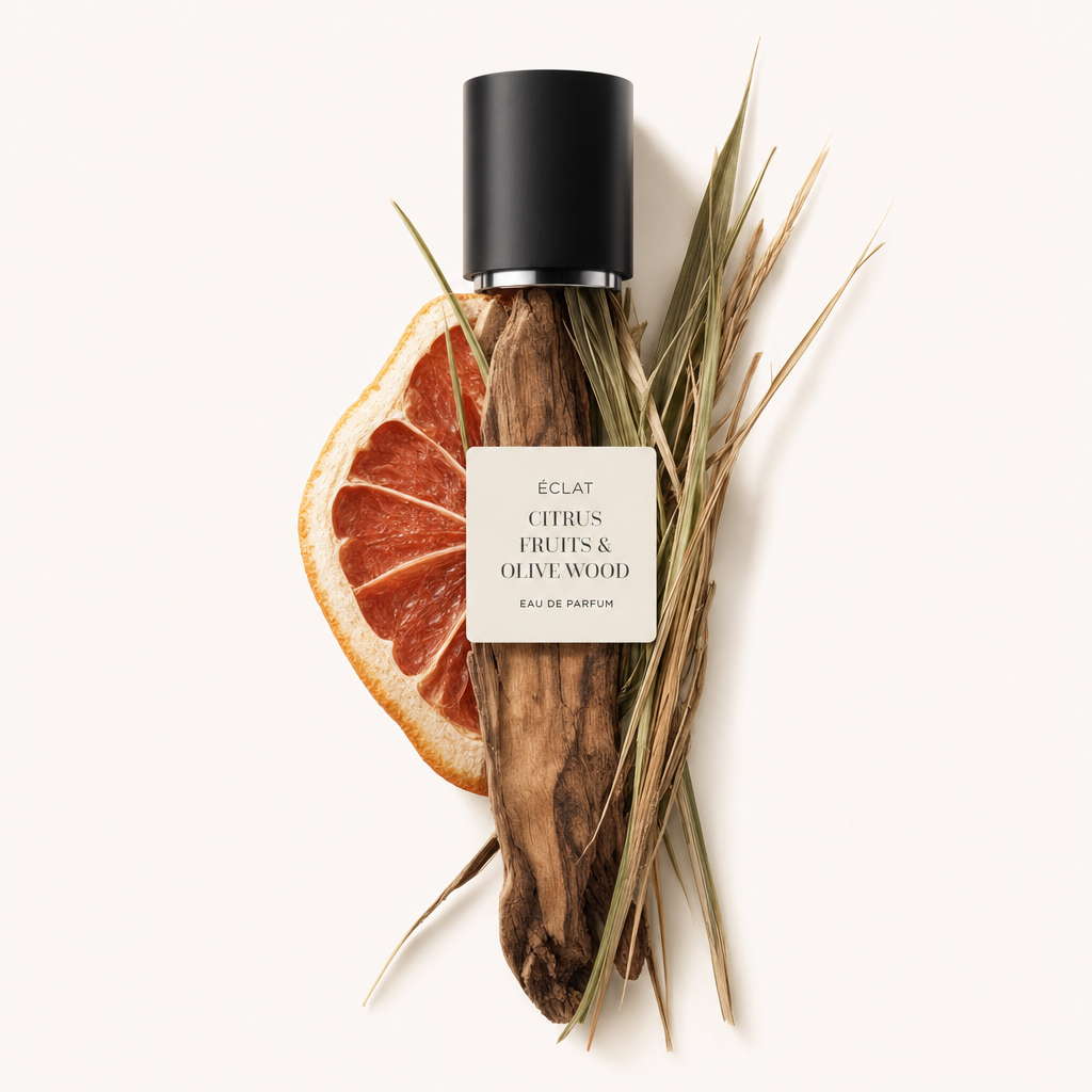 Kompozycja z suszonej plastry grejpfruta, drewna oliwnego i traw otacza czarną nakrętkę z etykietą ÉCLAT Citrus Fruits & Olive Wood.