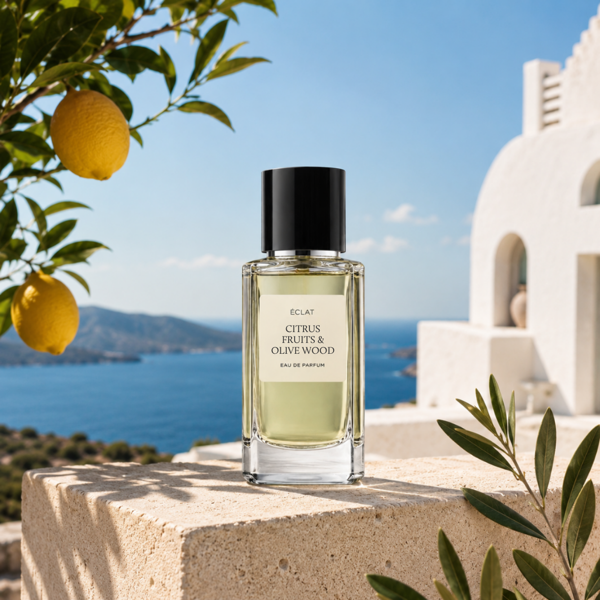 Fasetonowana butelka ÉCLAT Citrus Fruits & Olive Wood z czarnym korkiem, na tle wybrzeża z drzewami cytrynowymi.
