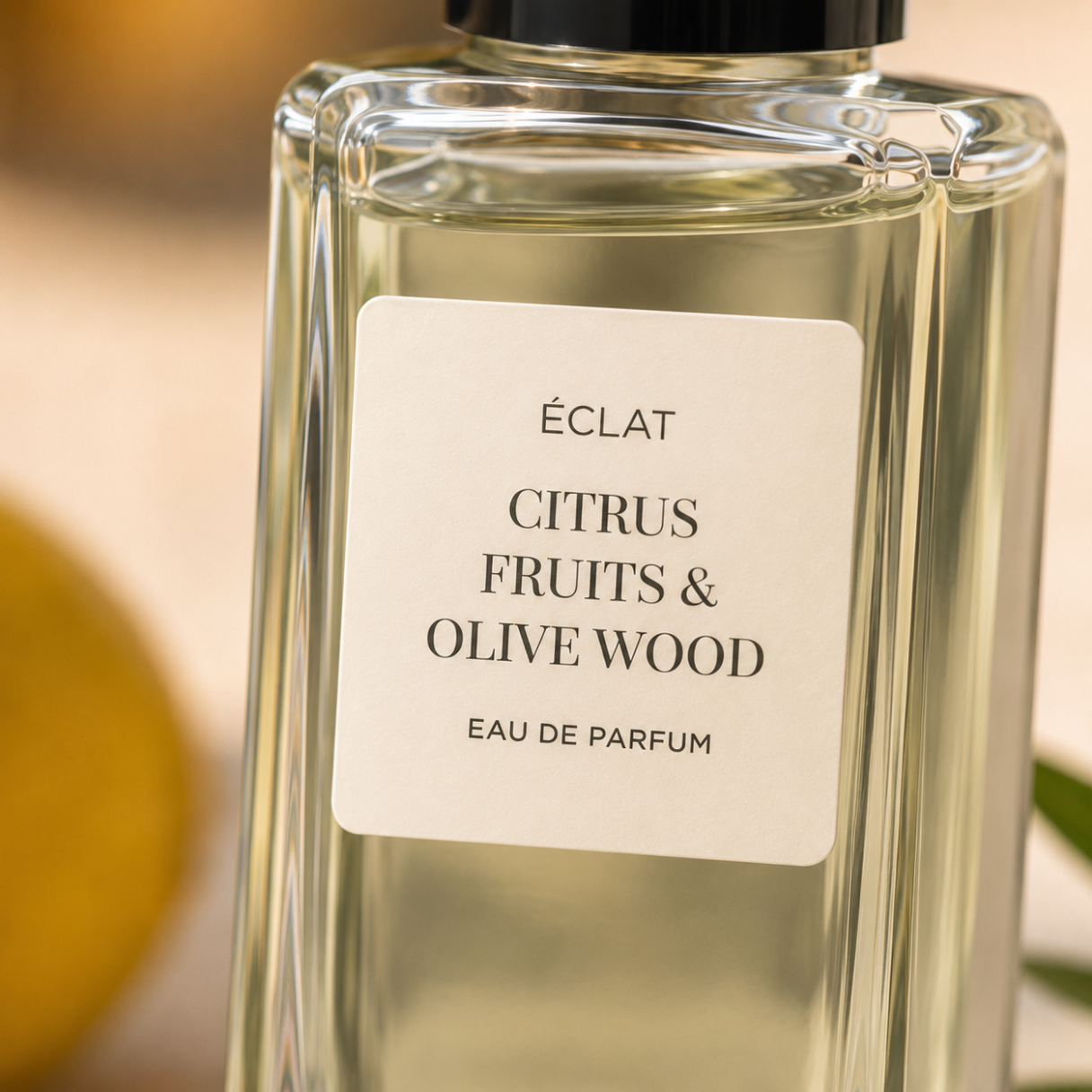 Fasetowana szklana butelka z matową etykietą prezentującą ÉCLAT Citrus Fruits & Olive Wood.