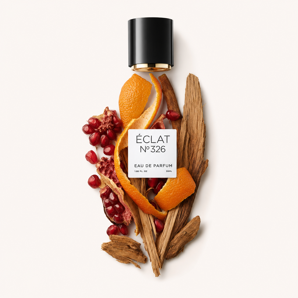 Kompozycja z łupin pomarańczy, pestek granatu i drewnianych patyczków otacza czarną nakrętkę z etykietą ÉCLAT Citrus Grenadine.