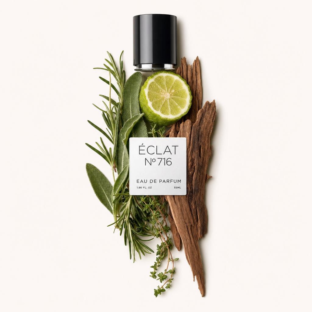 Kompozycja ze świeżego rozmarynu, szałwii, limonki, tymianku i nut drzewnych otacza czarną nakrętkę z etykietą pokazującą ÉCLAT Citrus Herbs.