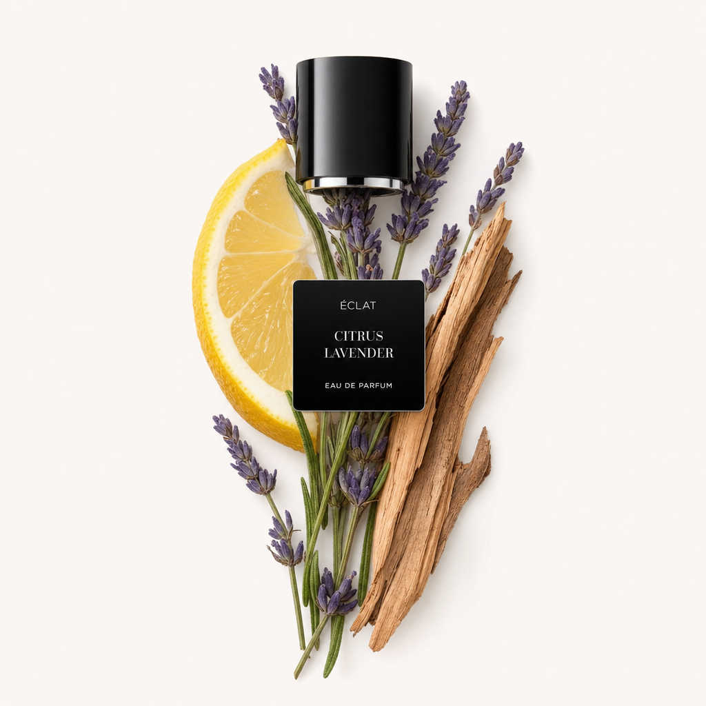 Kompozycja z plasterków cytryny, gałązek lawendy i kawałków drewna otacza czarną nakrętkę ÉCLAT z etykietą 'Citrus Lavender'.