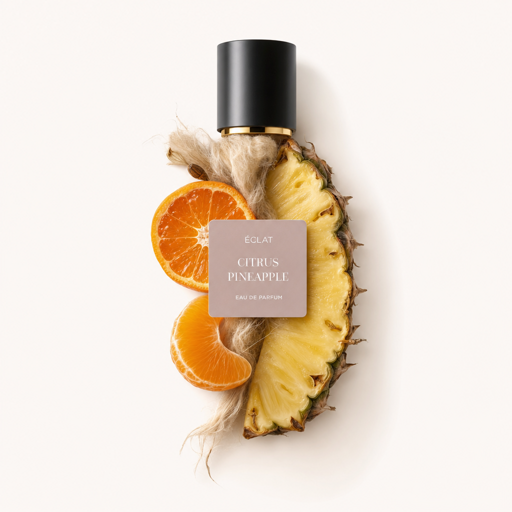 Aranżacja z plasterkami ananasa i segmentami pomarańczy z czarną nakrętką oznaczoną ÉCLAT Citrus Pineapple.