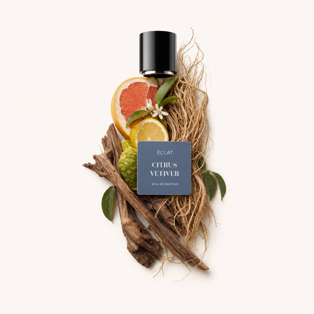 Starannie ułożona martwa natura z grejpfrutem, plasterkami pomarańczy, korzeniami wetiweru i bergamotką, obok nakrętki ÉCLAT Citrus Vetiver z etykietą.