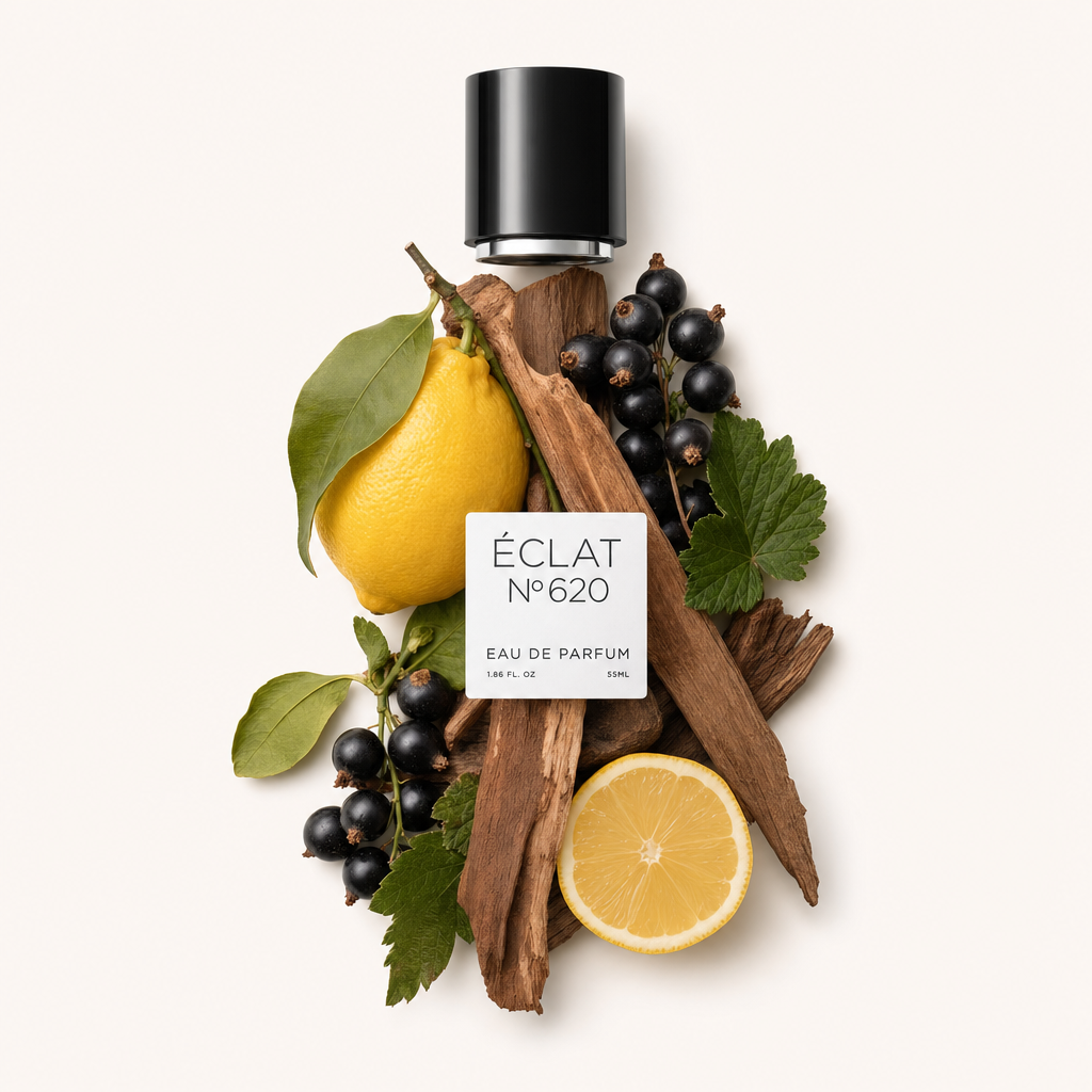 Aranżacja z cytryną, czarną porzeczką i drewnianymi pałeczkami tworzy tło dla nakrętki ÉCLAT Citrus Woods z etykietą.