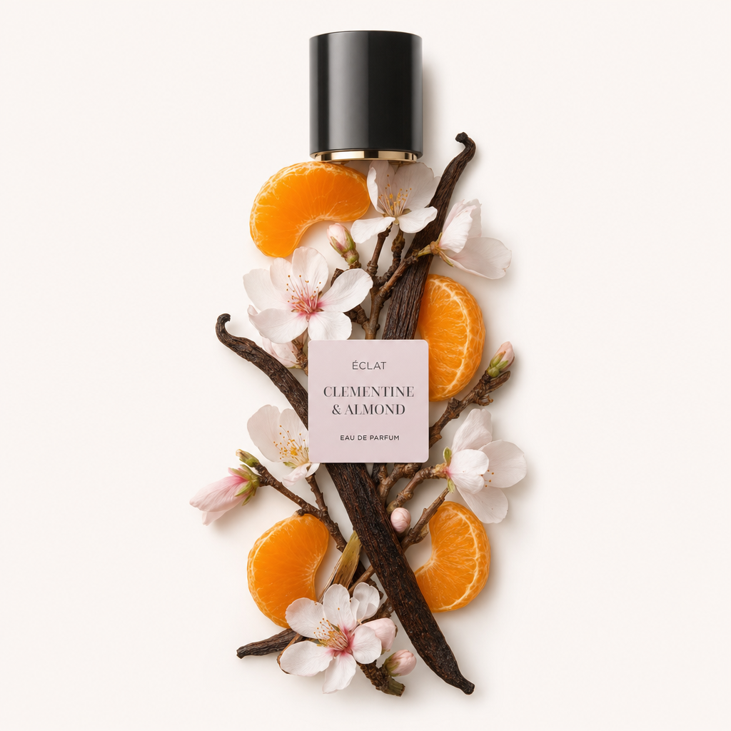 Kompozycja z plasterków klementyny, kwiatów migdałowca i lasek wanilii otacza czarną nakrętkę z etykietą ÉCLAT Clementine & Almond.