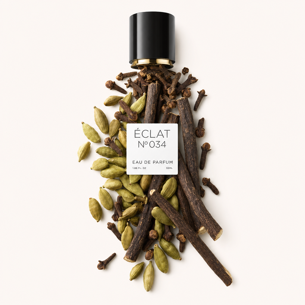Eleganckie ułożenie strąków kardamonu i goździków otacza czarną nasadkę z etykietą, podkreślając ÉCLAT Cloves & Cardamom.