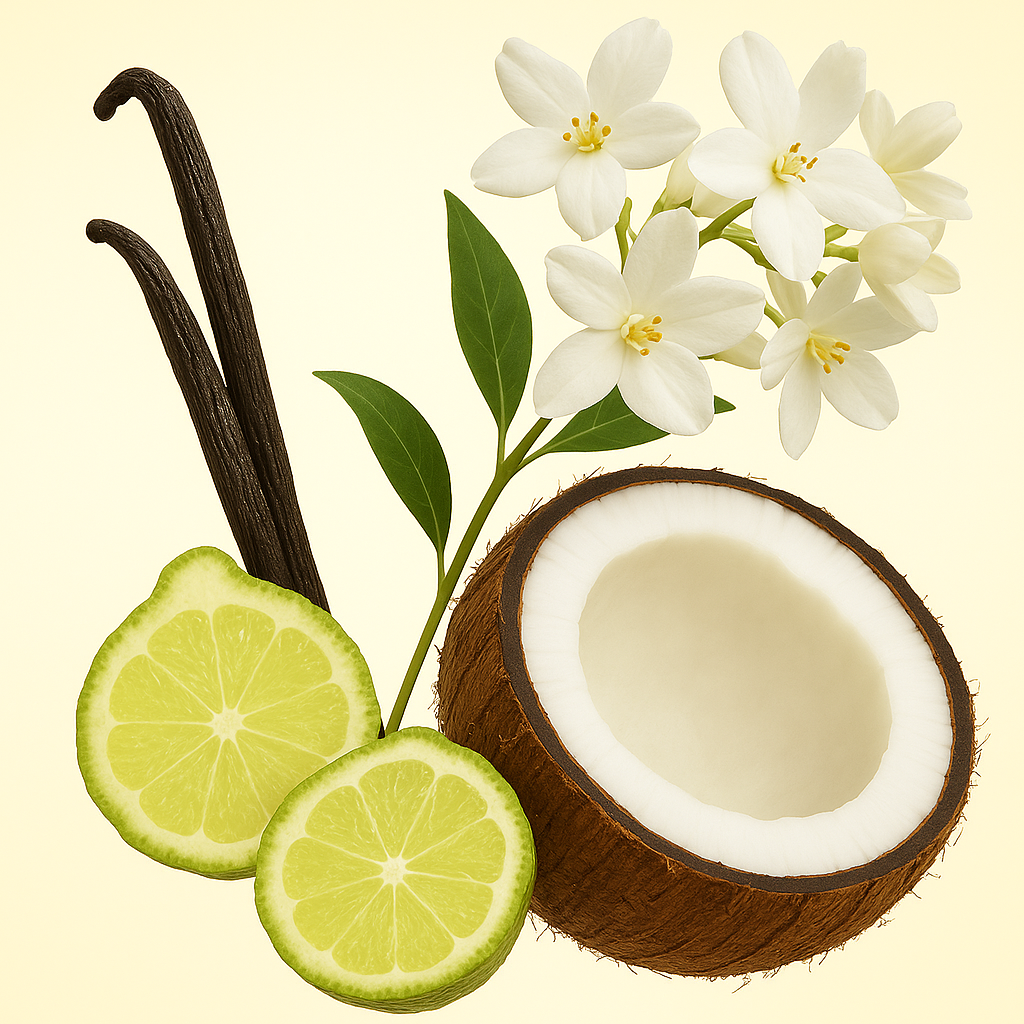 Kompozycja z kokosa, kwiatów jaśminu, plasterków limonki i lasek wanilii reprezentująca zapach ÉCLAT Coconut & Jasmine.
