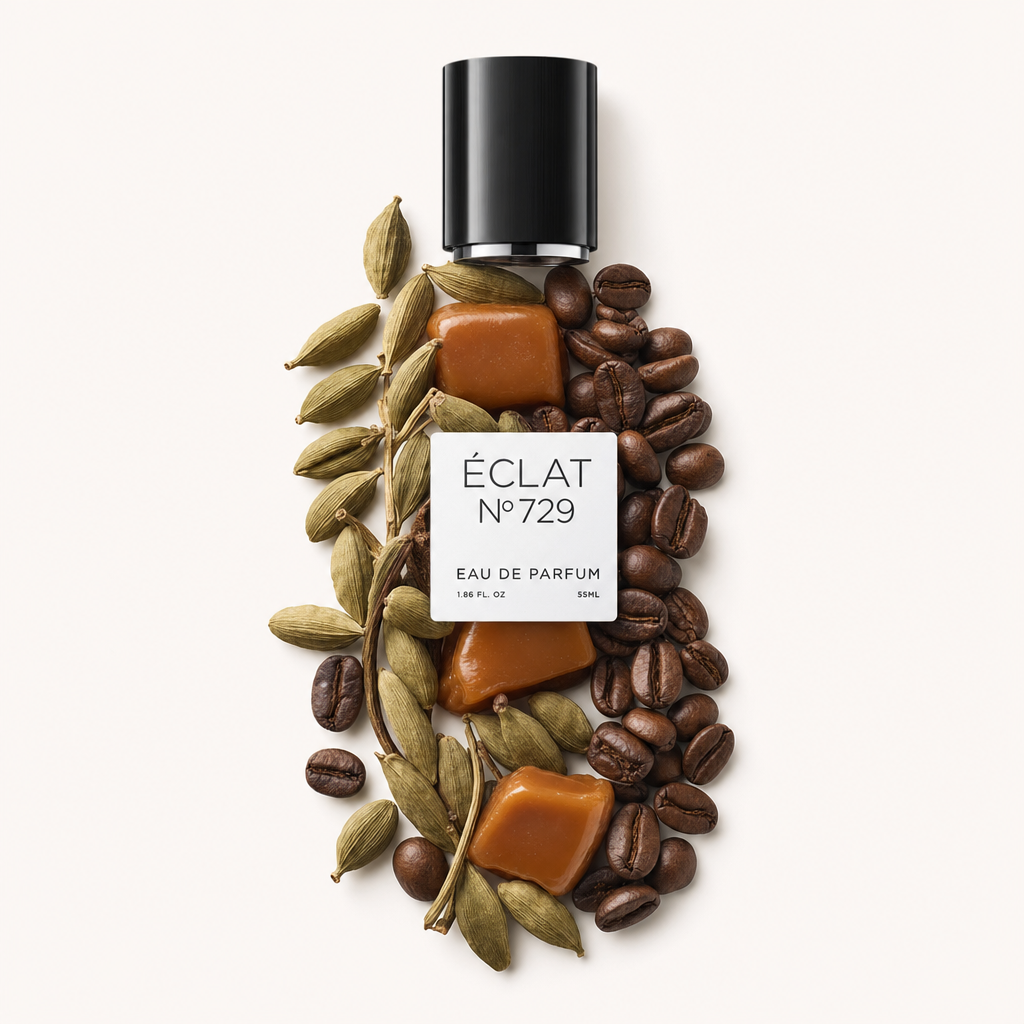 Starannie ułożona martwa natura z strąków kardamonu, ziaren kawy i kawałków karmelu otacza czarną nakrętkę z etykietą ÉCLAT VIP - Coffee & Cardamom.