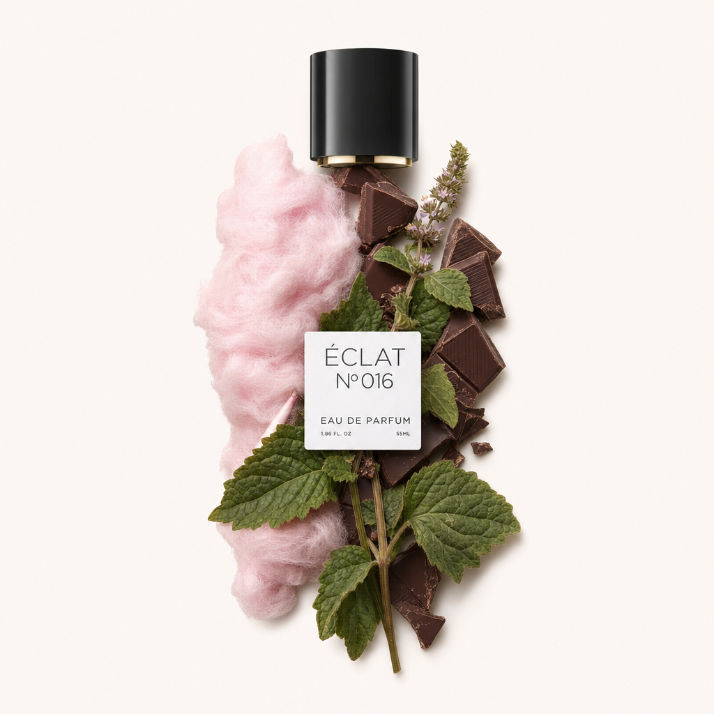 Aranżacja z różowej waty cukrowej, kawałków czekolady i zielonych liści paczuli otacza czarną nasadkę z etykietą, reprezentując ÉCLAT Cotton Candy & Patchouli.