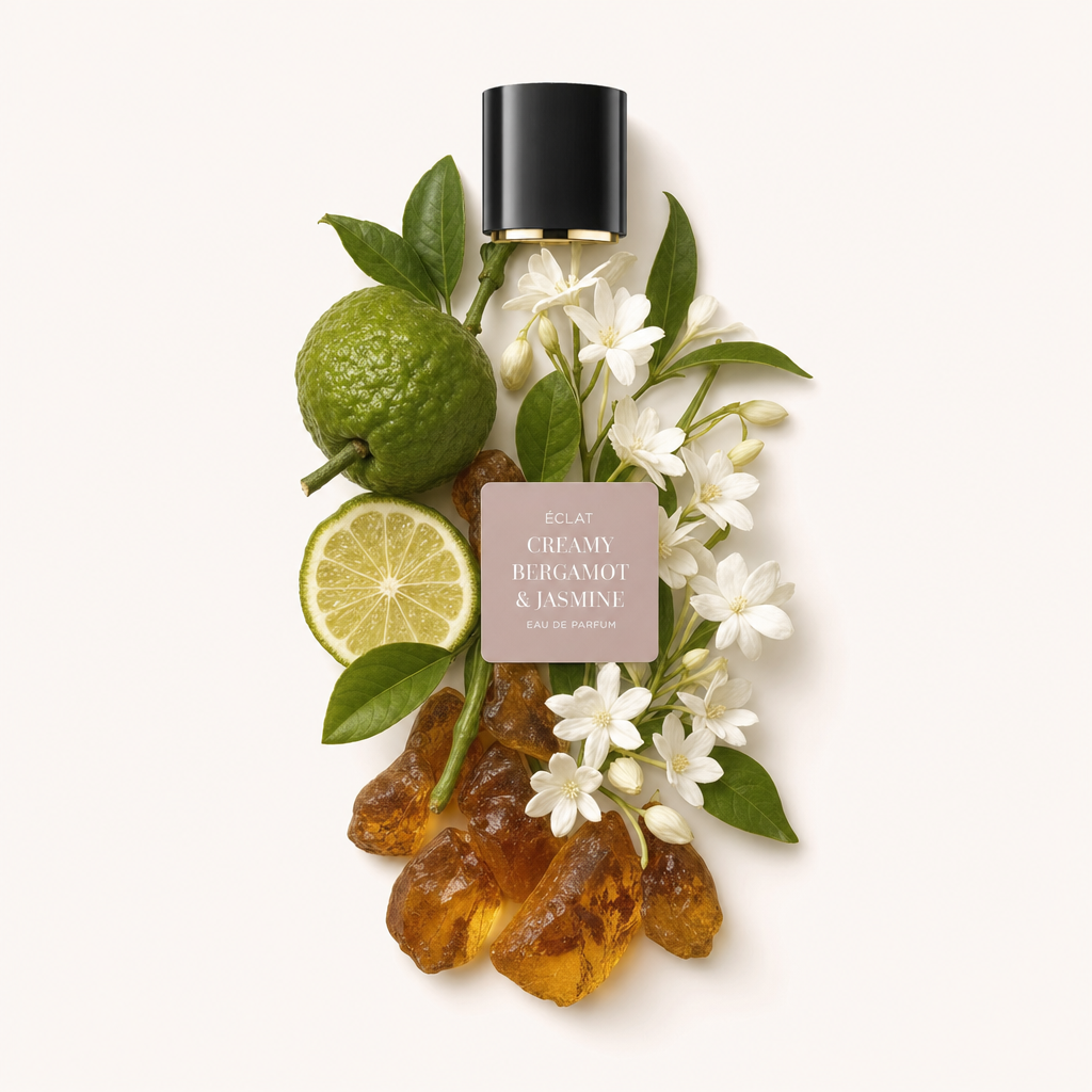 Kompozycja z bergamotki, kwiatów jaśminu i bursztynu otacza czarną nakrętkę z etykietą ÉCLAT Creamy Bergamot & Jasmine.