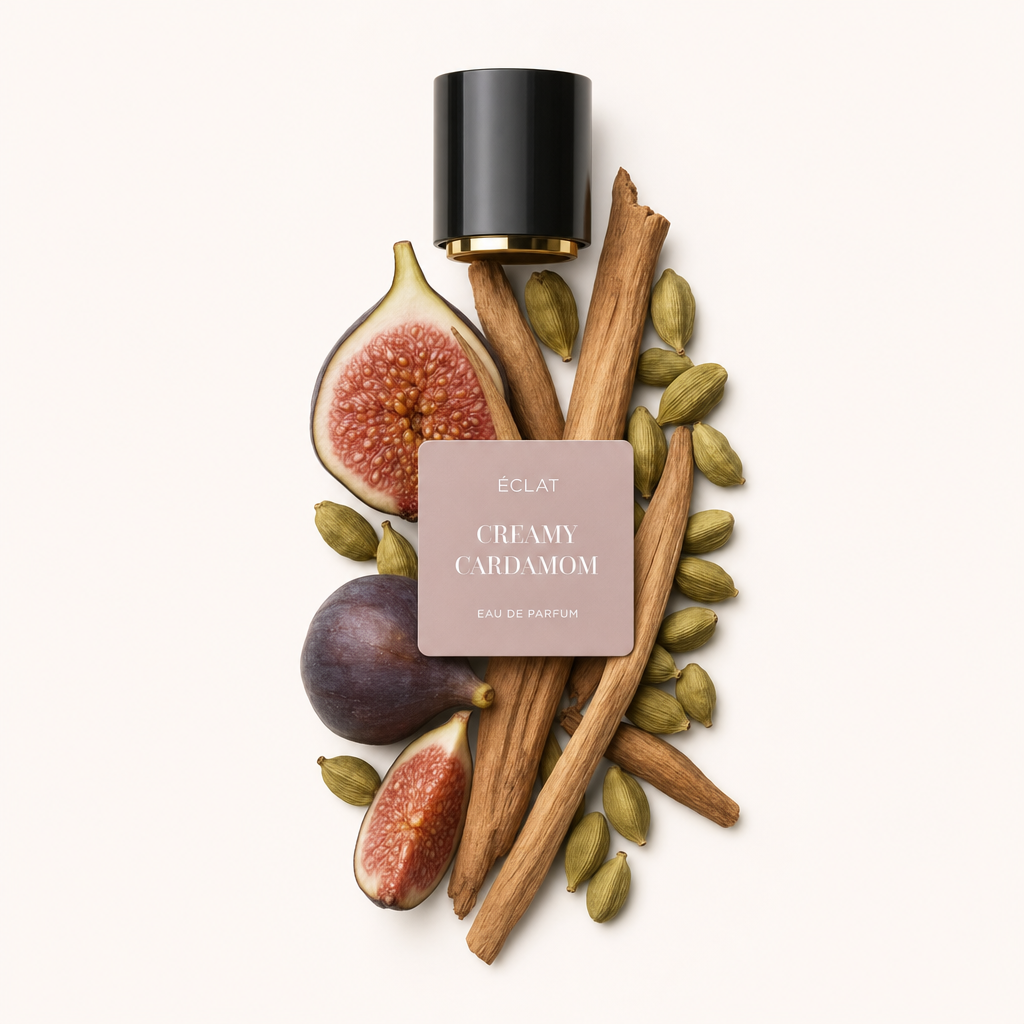Kompozycja ze świeżych fig, lasek cynamonu i strąków kardamonu otacza oryginalną czarną zakrętkę z etykietą ÉCLAT Creamy Cardamom.