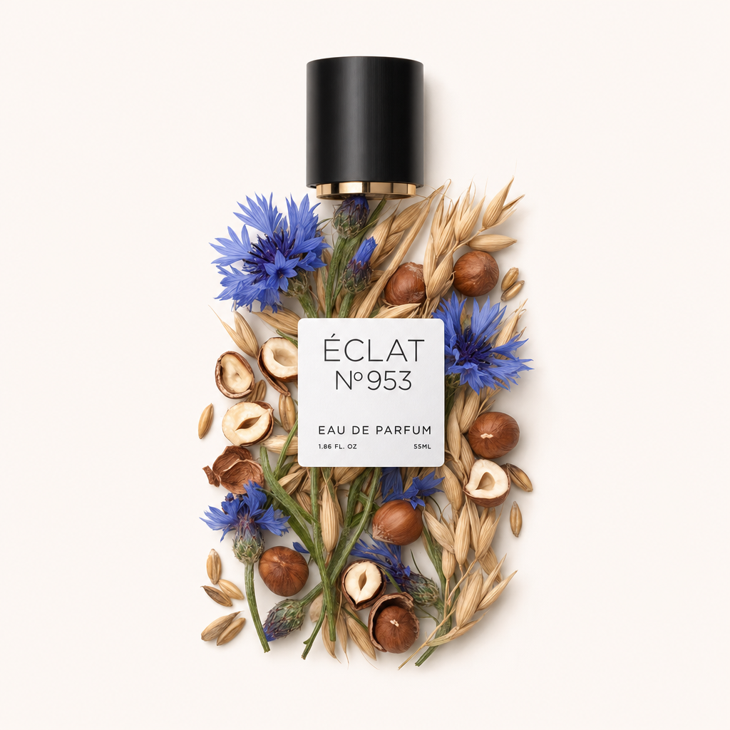 Kompozycja z niebieskich chabrów i orzechów laskowych otacza czarną nakrętkę ze złotym akcentem, z etykietą ÉCLAT Creamy Cornflower.