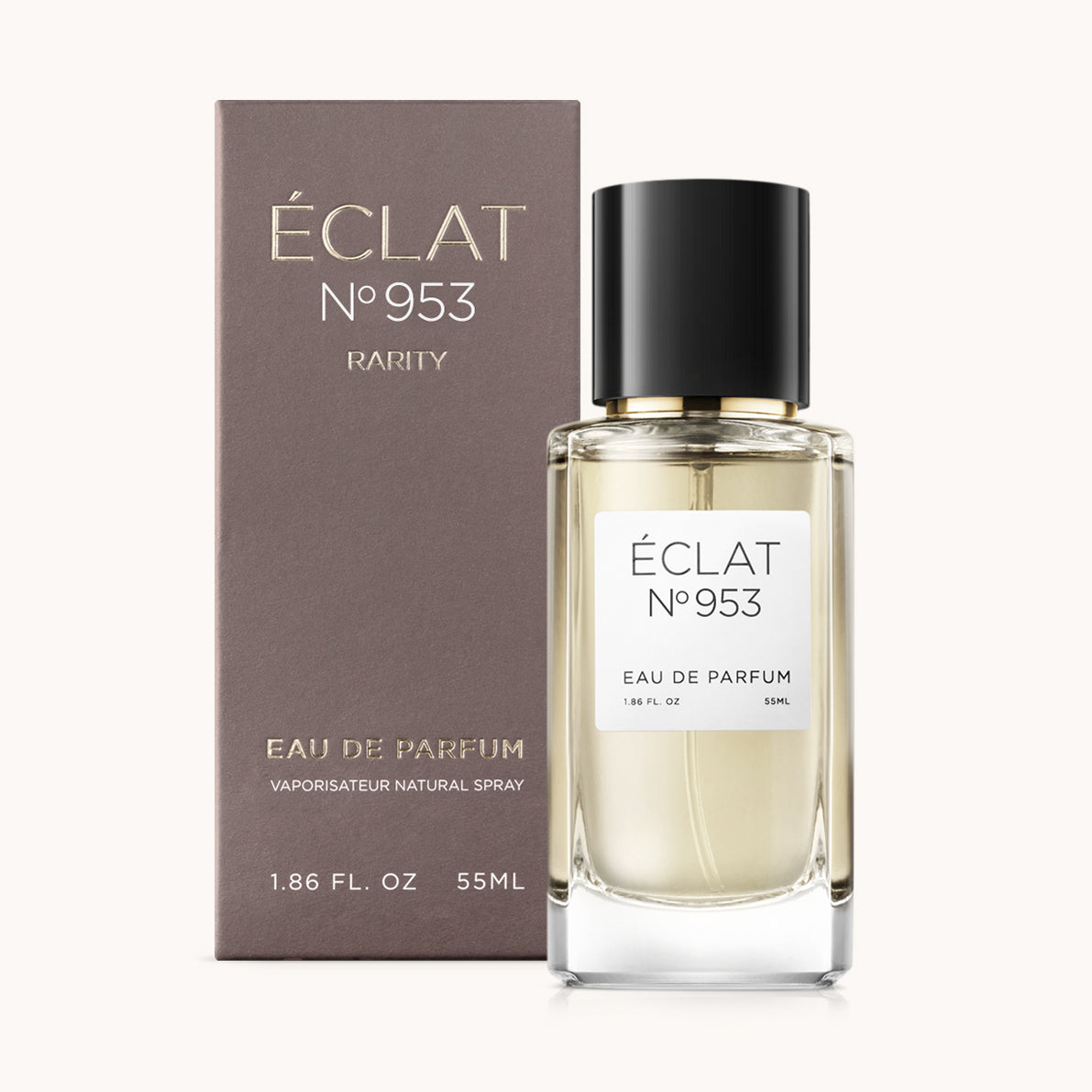 ÉCLAT Creamy Cornflower w fasetowanej szklanej butelce z czarną nakrętką, obok matowego brązowego pudełka.