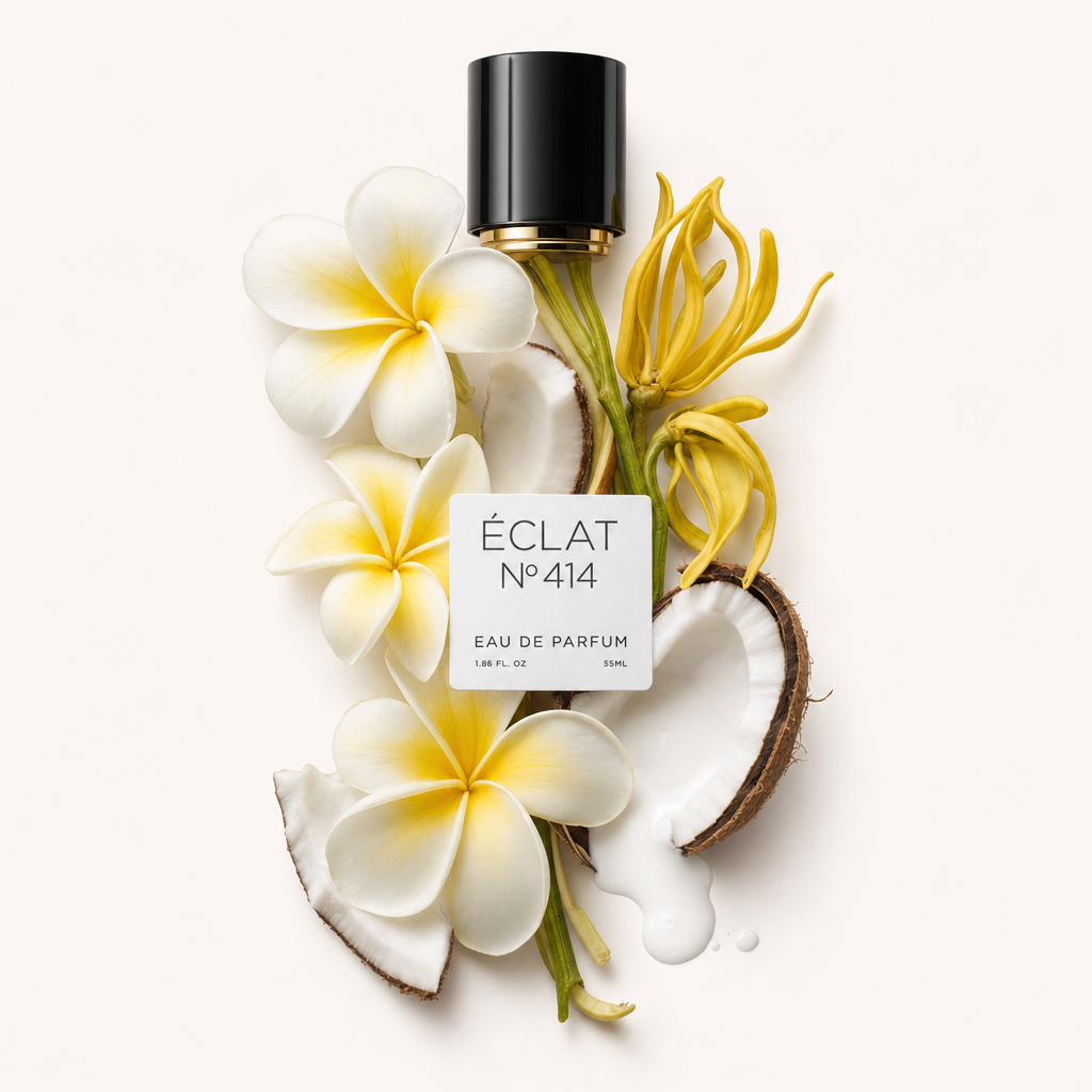 Kompozycja kremowych kwiatów frangipani, ylang-ylang i otwartych połów kokosów otacza czarną nakrętkę z etykietą ÉCLAT.