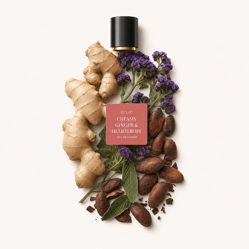 Kompozycja z korzenia imbiru, fioletowych kwiatów heliotropu i ziaren kakao z czarną nakrętką oznaczoną ÉCLAT Creamy Ginger & Heliotrope.