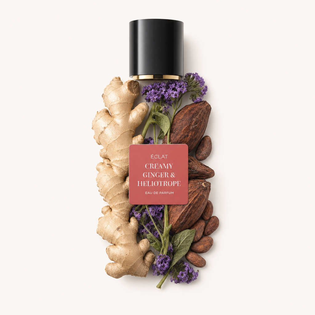 Kompozycja z imbiru, strąków kakaowca i kwiatów heliotropu otacza czarną nakrętkę z etykietą ÉCLAT Creamy Ginger & Heliotrope.