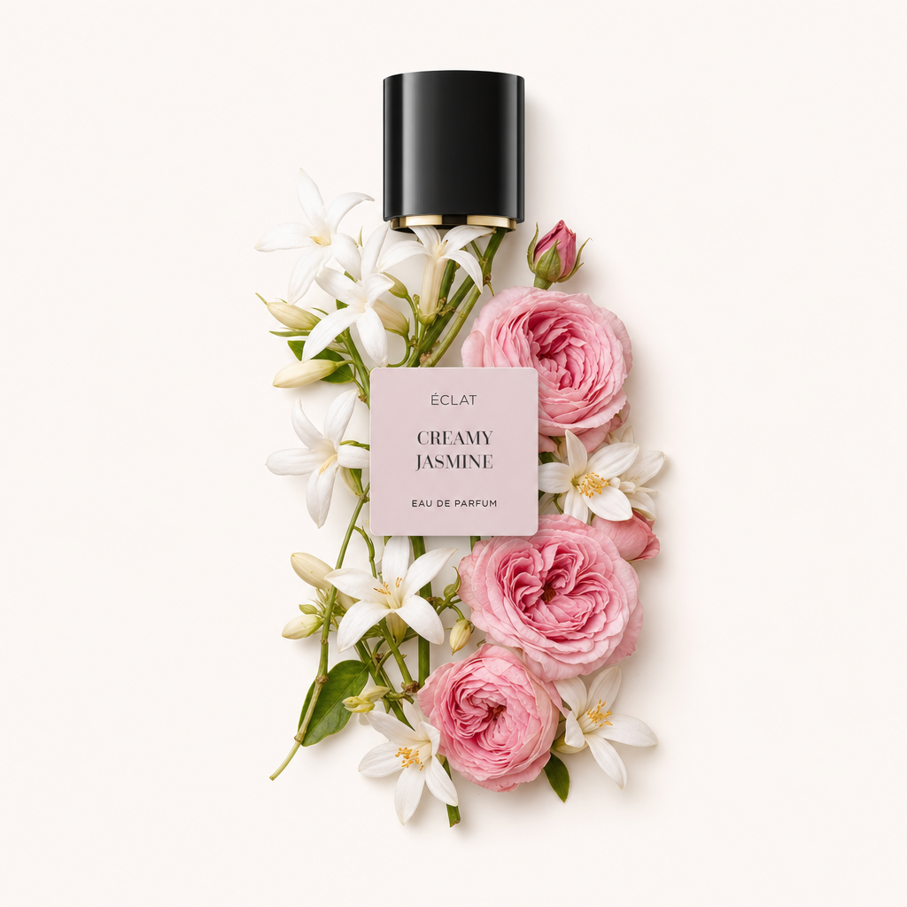 Ręcznie ułożona kompozycja z białych jaśminów i różowych róż otacza czarną nakrętkę ÉCLAT Creamy Jasmine z etykietą.