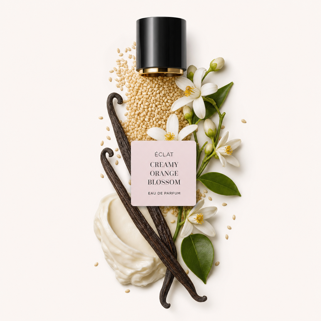 Kompozycja z laski wanilii, kwiatów pomarańczy, wiru kremu i nasion sezamu pod nakrętką ÉCLAT Creamy Orange Blossom z etykietą.