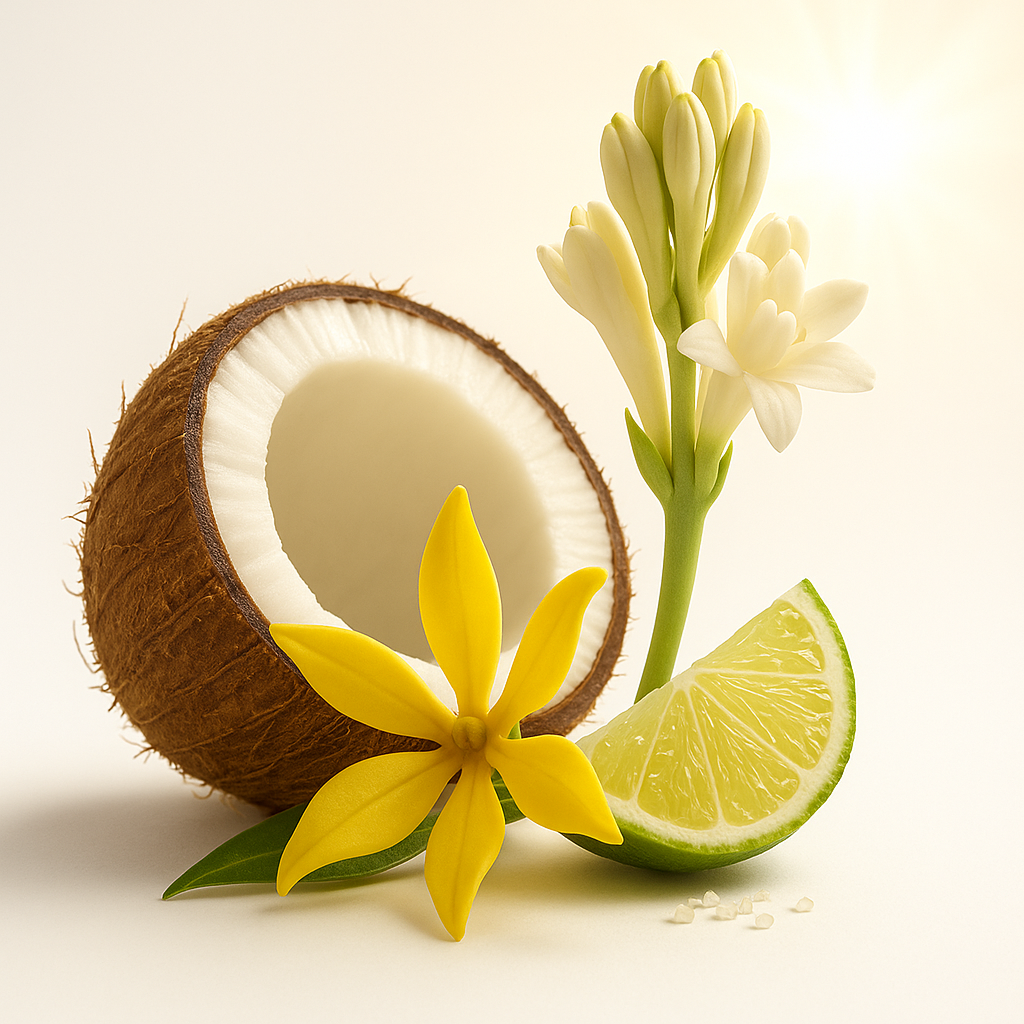 Przekrojony kokos, żółty kwiat ylang-ylang, kwiat tuberozy i cząstka limonki w miękkim świetle.