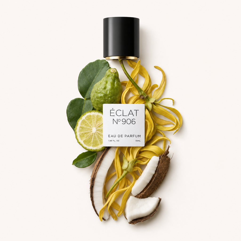 Kompozycja z kwiatów ylang-ylang, bergamotki i kawałków kokosa otacza czarną nakrętkę z etykietą ÉCLAT 906 VIP.