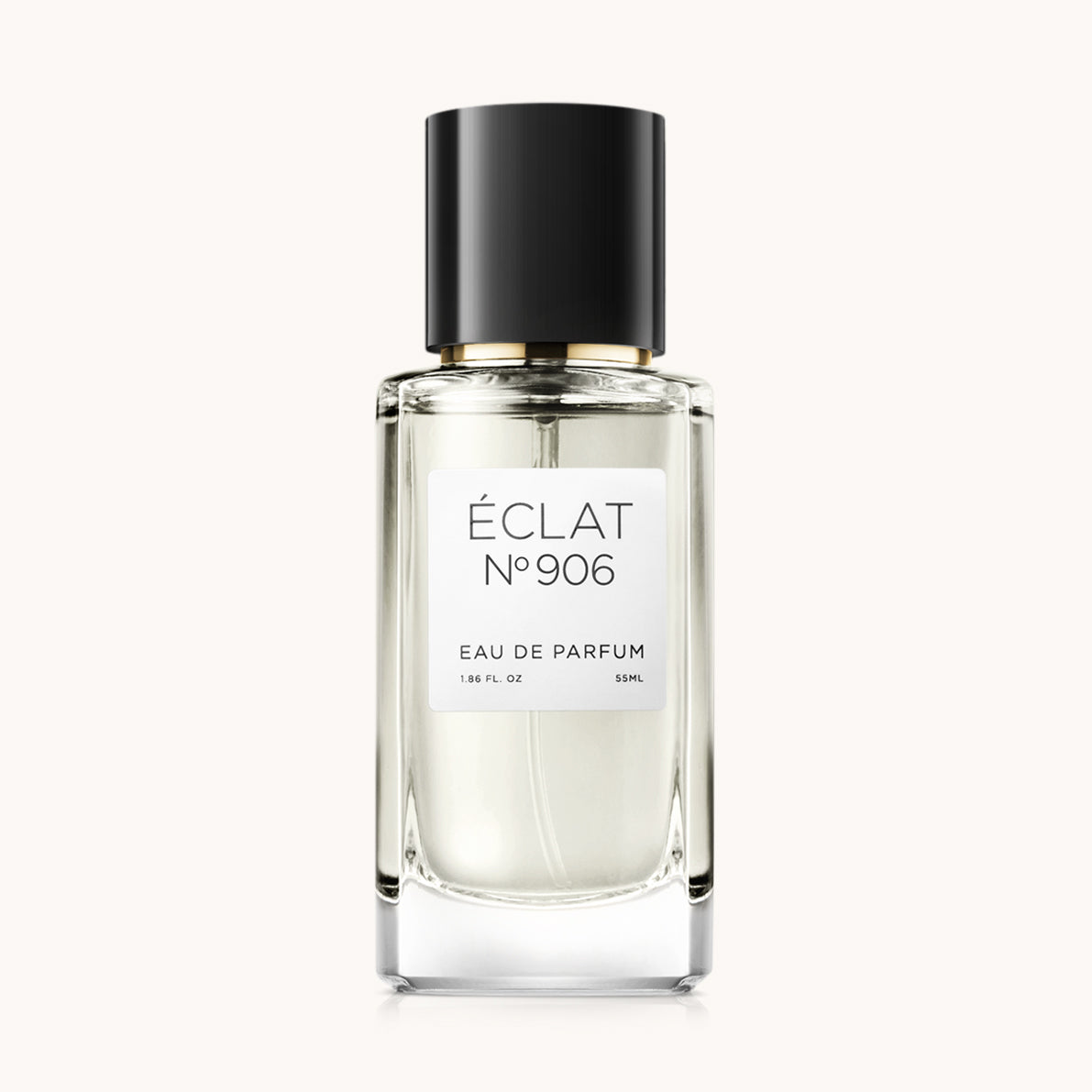 Fasadowa szklana butelka ÉCLAT Creamy Ylang-Ylang z eleganckim czarnym korkiem i prostą białą etykietą.