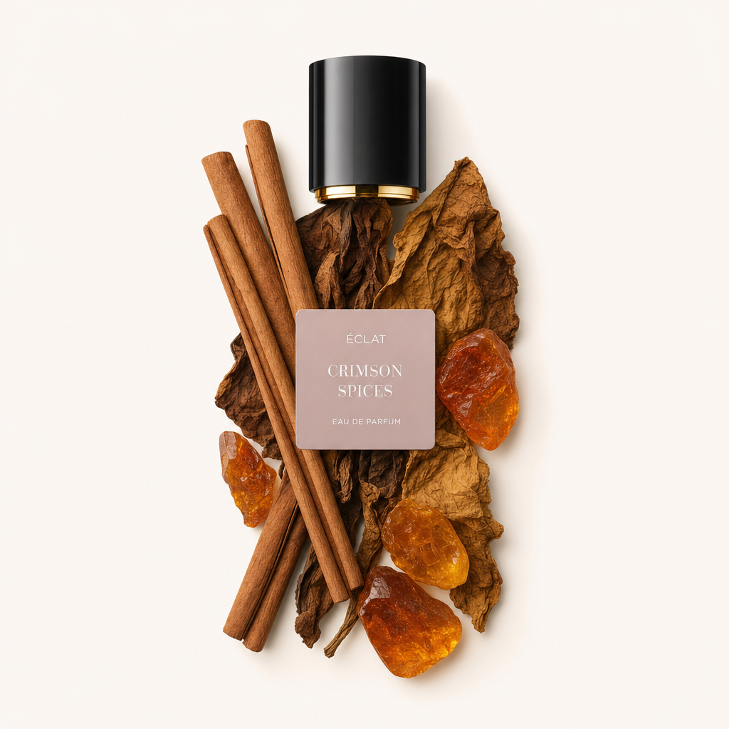 Kompozycja z lasek cynamonu, suszonych liści tytoniu i bursztynowych kamieni otacza czarną nakrętkę z etykietą ÉCLAT Crimson Spices.