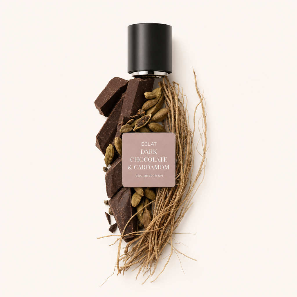 Kompozycja kawałków ciemnej czekolady i strąków kardamonu otacza czarną nakrętkę z etykietą ÉCLAT Dark Chocolate & Cardamom.