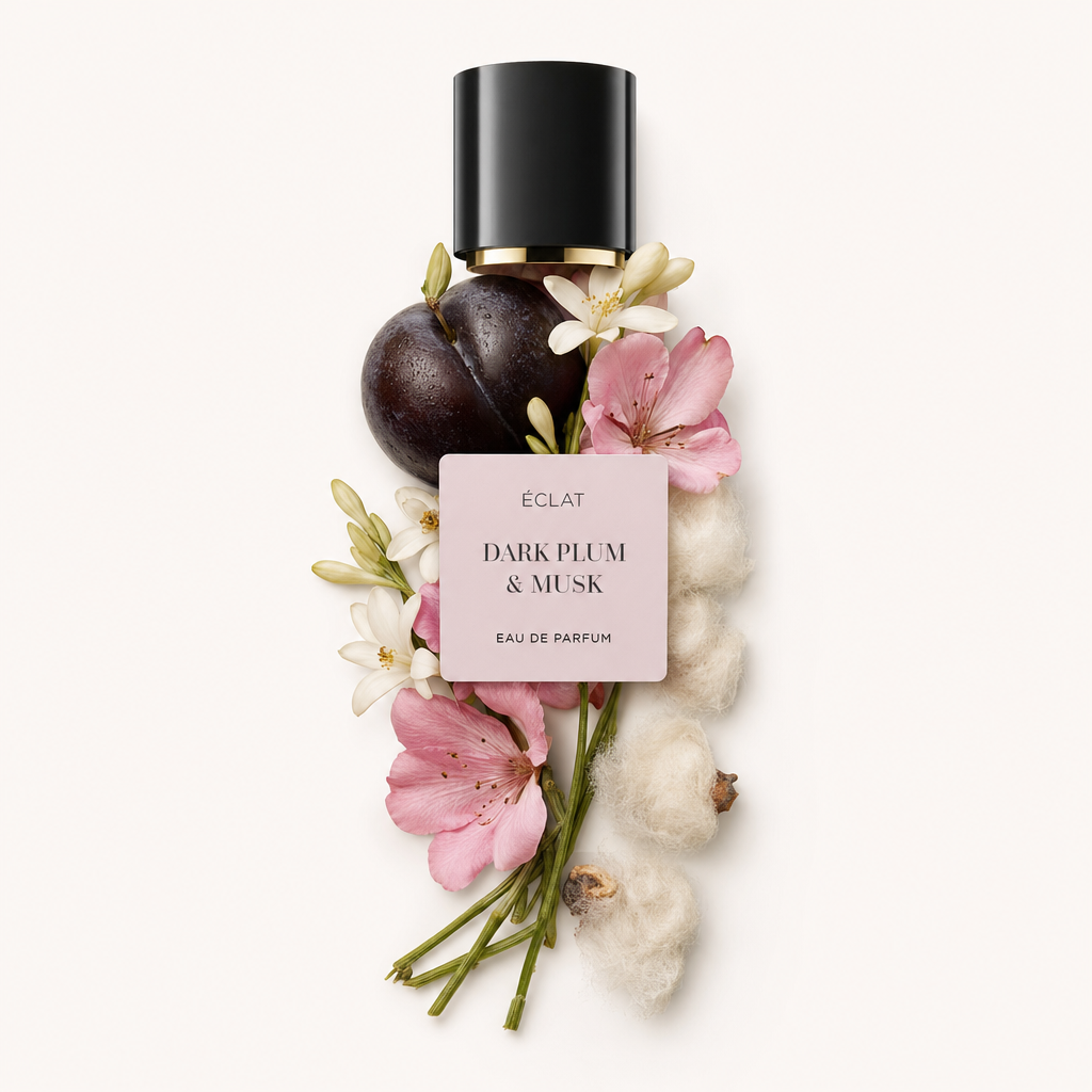 Aranżacja z ciemnej śliwki, różowych kwiatów i białych kwiatów z czarną nakrętką zawierającą etykietę ÉCLAT Dark Plum & Musk.