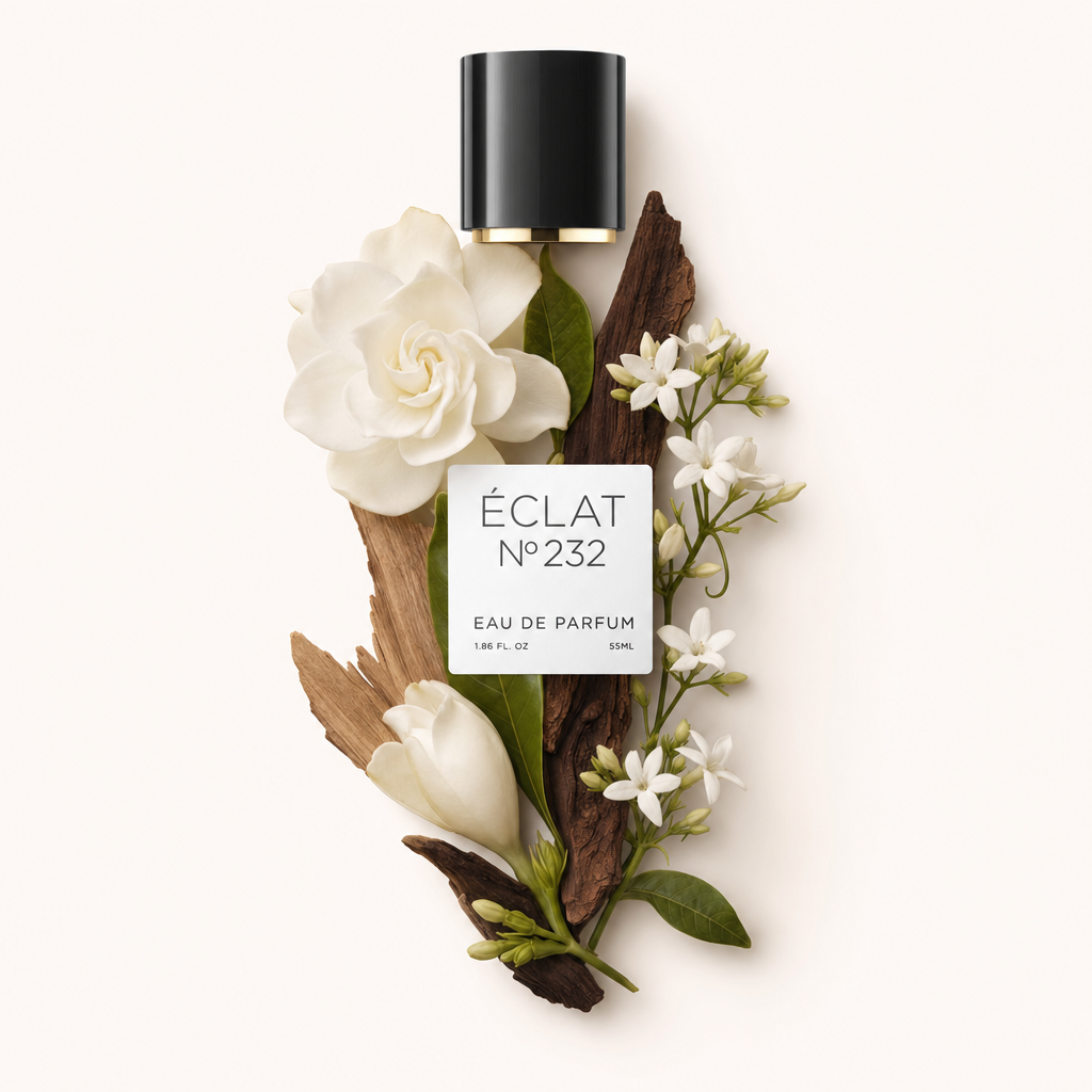 Układ białych kwiatów jaśminu i ciemnych plasterków drewna otacza czarną nasadkę z etykietą ÉCLAT Dark Woods & Jasmine.