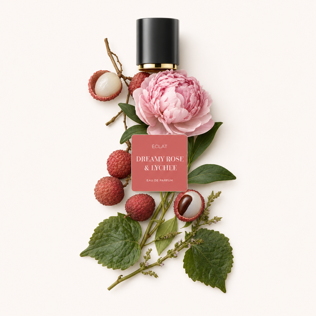 Aranżacja z różowej piwonii otoczonej świeżymi liczi, gałązkami i liśćmi, z czarną zakrętką prezentującą etykietę ÉCLAT Dreamy Rose & Lychee.