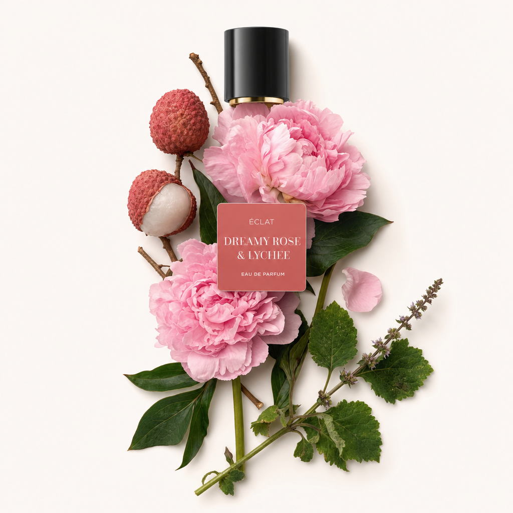 Kompozycja różowych piwonii i dojrzałych liczi z czarną nakrętką z etykietą ÉCLAT Dreamy Rose & Lychee.