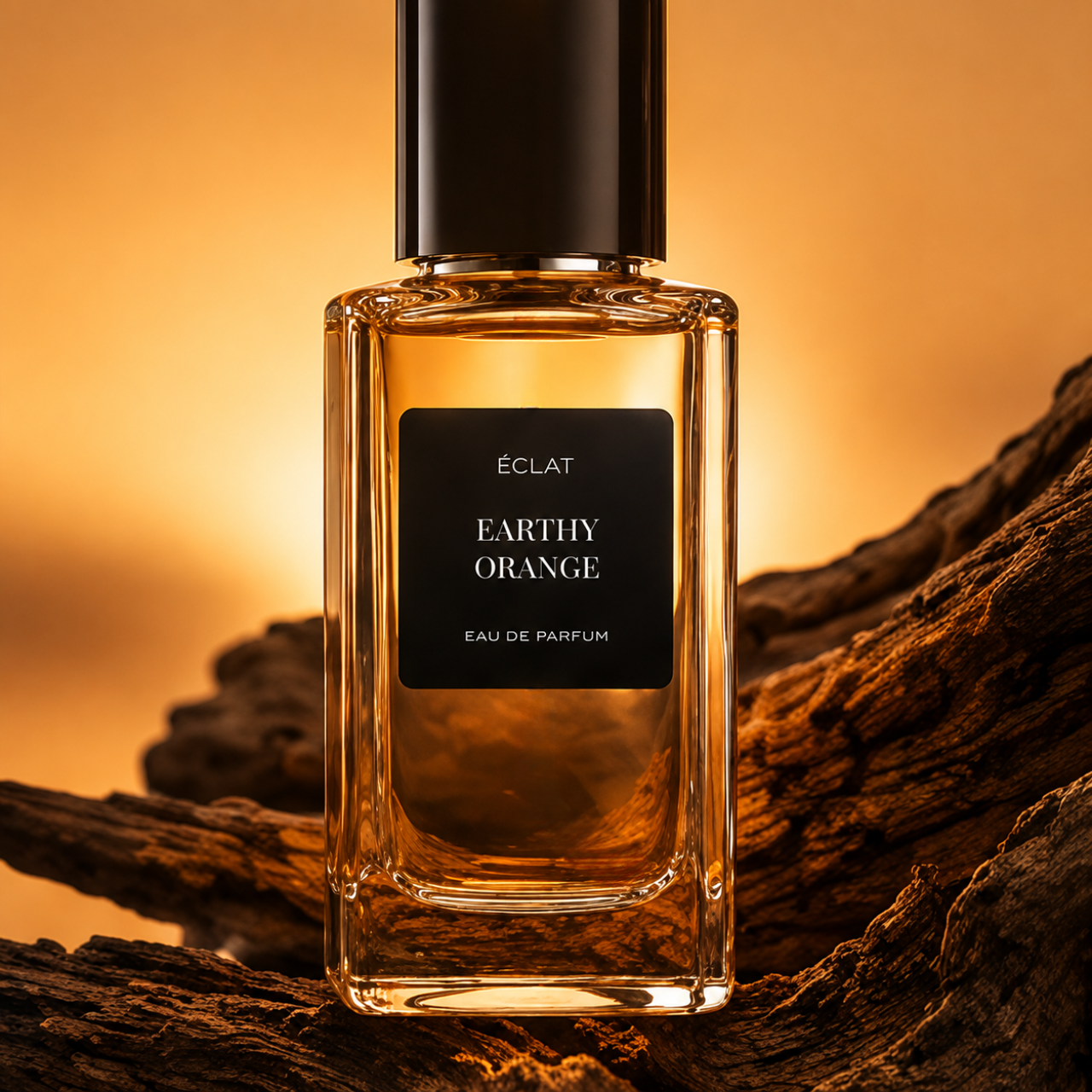 Szklany flakon z fasetkami perfum ÉCLAT Earthy Orange z czarną etykietą, na tle rustykalnego drewna i ciepłej pomarańczowej poświaty.