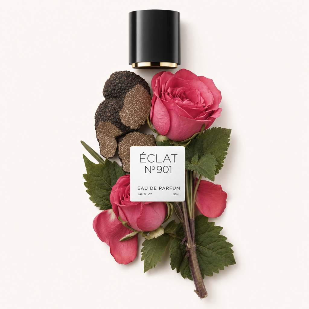 Kompozycja z żywych różowych róż i plastrów ziemistych trufli otacza czarną nasadkę z etykietą ÉCLAT VIP - Earthy Rose.