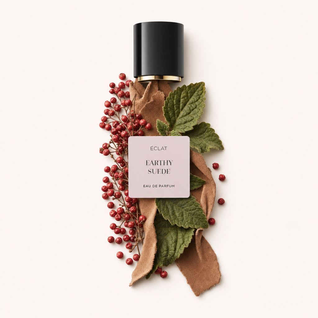 Kompozycja z czerwonych jagód, materiału podobnego do zamszu i świeżych zielonych liści leży pod czarną nakrętką z etykietą ÉCLAT Earthy Suede.