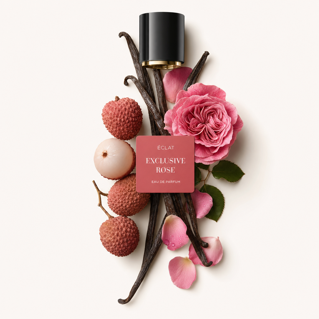 Martwa natura z składnikami ÉCLAT Exclusive Rose: różowa róża, owoce liczi, strąki wanilii i płatki róż, z czarną nakrętką z etykietą na górze.
